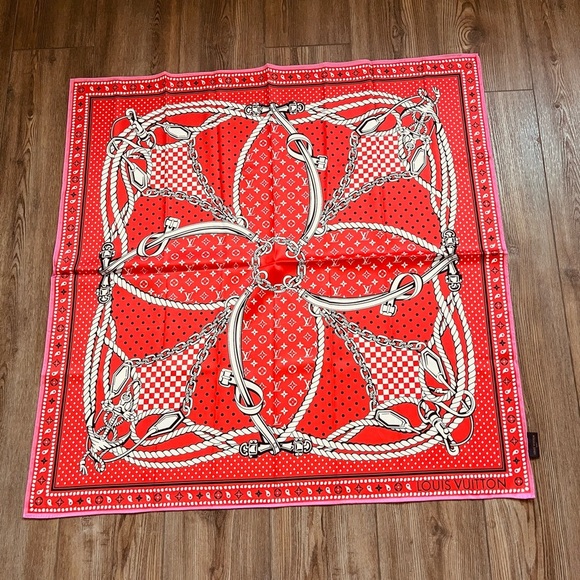 100% silk Vibrant Red Scarf with White and Black Accents - Picture 2 of 13